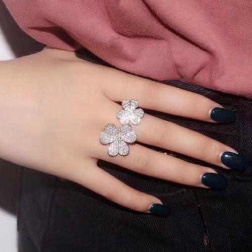 SLJELY 925 Sterling Silver Full Micro Cubic Zirconia 3 Gold Color Three Leaves Flower Open Ring for Women Luxury Jewelry