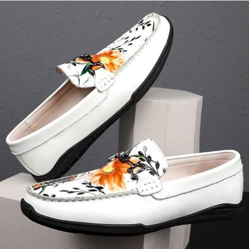 Spring Summer Mens Loafers Genuine Leather Hand Painted Slip On Dress Shoes Men Wedding Casual Business Shoes