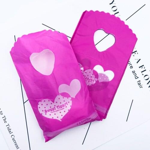 Mini 9x15cm Boutique Gift Packaging Bag Hot Pink Sweet Heart Print Plastic Bag Packaging Bags For Party With Handles Bags