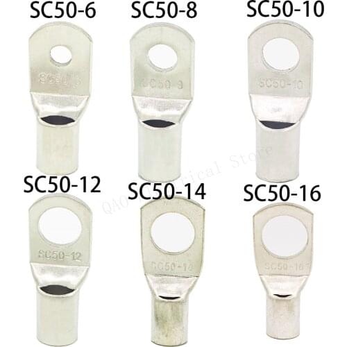 10 PCS SC 50-6 50-8 50-10 50-12 50-14 Copper Cable Lug Kit Bolt Hole Tinned Cable lugs Battery Terminals copper nose connector