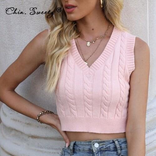 Solid Womens Cropped Knitted Sweater Vest 2021 Autumn Sleeveless V-neck Basic All-match Tanks Female Sweet Fashion Office Tops