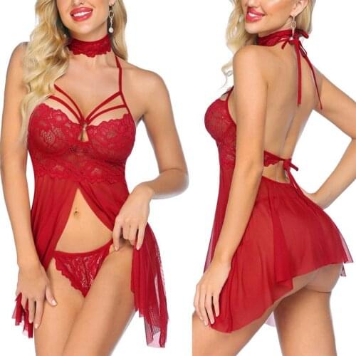 Perspective Sexy Backless Lingerie Womens Lace Pajamas Set Satin Pajamas Lace Sex Erotic Lingerie Nightdress Underwear