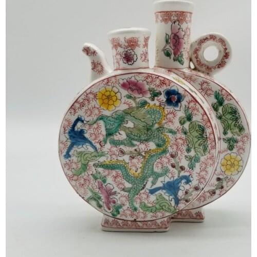 Qing Dynasty Kangxi pastel double dragon flower pattern twin moon pot flat bottle retro hand painted antique collection ornament