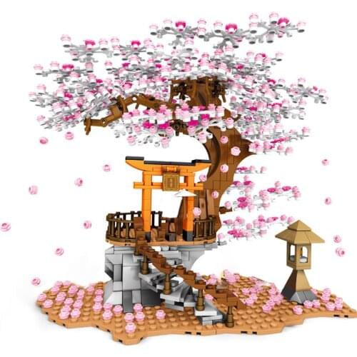 Sembo City Street Series Cherry Blossom Shrine Bricks Sakura Spiral Stairs Tree House With Light Model Building Blocks Kids Toys