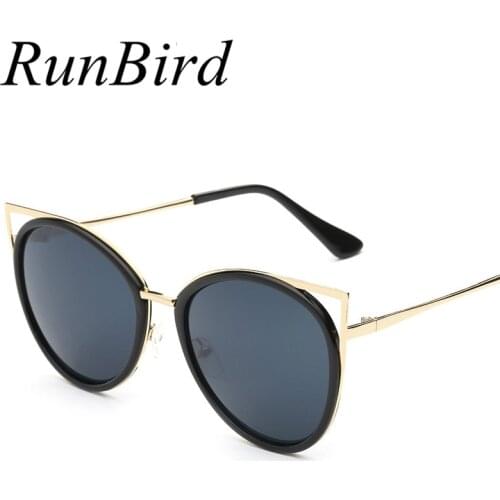 RunBird Metal Cat Eye Sunglasses Women Vintage Summer Style Round Metal Sun Glasses for Women Mirror Shades Oculos Points R418