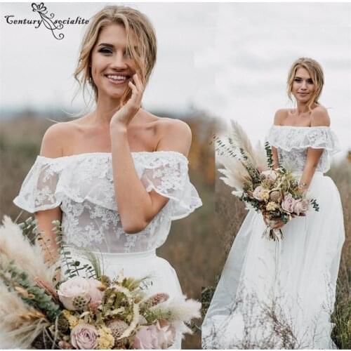 Off the Shoulder Boho Wedding Dresses for Bride Zipper Back Lace Tulle A-line Beach Bridal Gowns Plus Size Vestido De Noiva