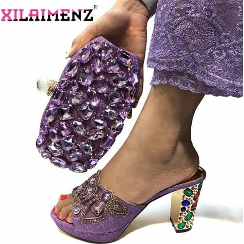 Light Purple Autumn Special Design African Ladies Shoes and Bag to Match with Shinning Crystal Women Slipper for Wedding