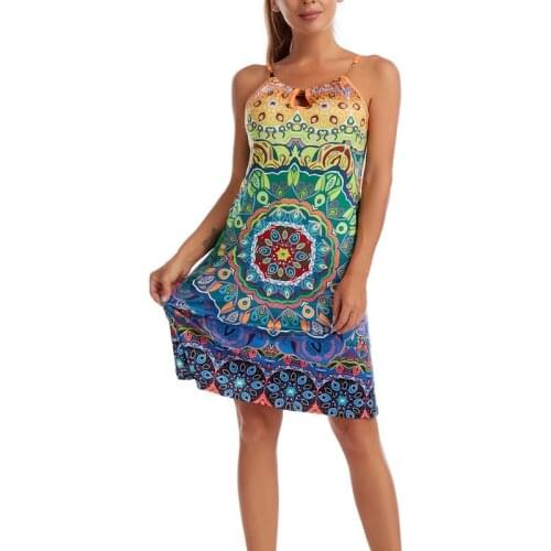 Womens Summer New Metal Neck Dress Round Neck Plaid Print Sling Halter Beach Dresses Women Clothing