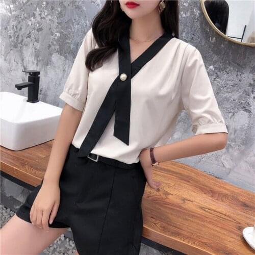 Womens Spring Summer Style Chiffon Blouse Shirt Womens Patchwork V-neck Short Sleeve Ruffles Elegant Temperament Tops DD8443