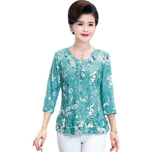 Three Quarter Sleeve T-Shirts For Women Middle Age Mother Tops 2021 Summer New Arrival Plus Size O-Neck Printed Clothes 5XL