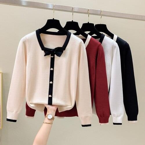 2021 New Autumn Winter Sweater Knitted Pullover Long Sleeve Bow tie Knitwear Fashion Slim Casual Women Jumper Pull Femme Clothes