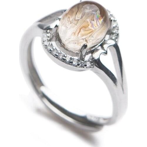 Genuine Natural Titanium Rutilated Quartz Round Bead Women Adjustable Ring 9*7mm