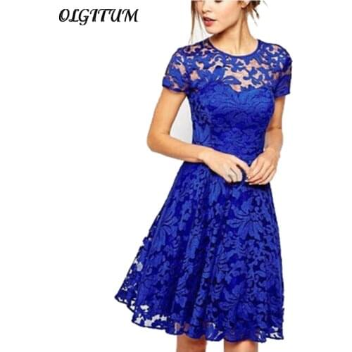 Plus Size Dress Fashion Women Elegant Dress Sweet Hallow Out Lace Dress Sexy Party Princess Slim Summer Dresses S-5XL Blue Red