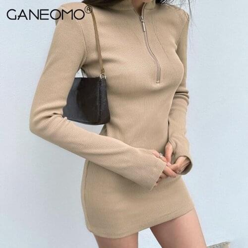 Elegant High Neck Long Sleeve Knitted Bodycon Dress Women 2021 Autumn Winter Casual Zipper Tight Wrap Mini Dresses Dropshipping