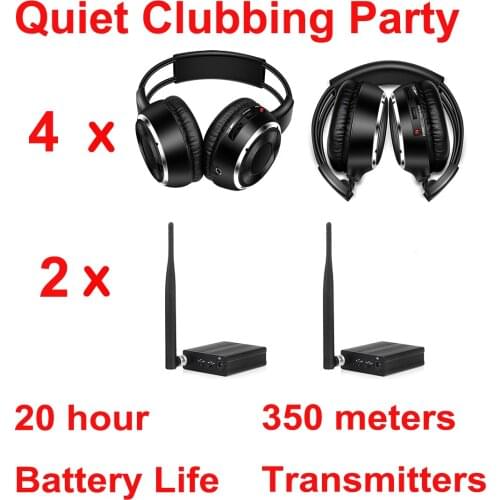 Silent Disco complete system black folding wireless headphones - Quiet Clubbing Party Bundle (4 Headphones + 2 Transmitters)