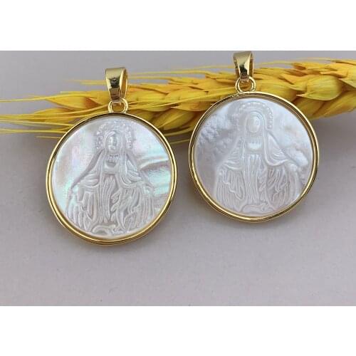 Round Medal Virgin Mary Necklace Pendant Charms Women Natural Mother of Pearl Shell Religious Jewelry