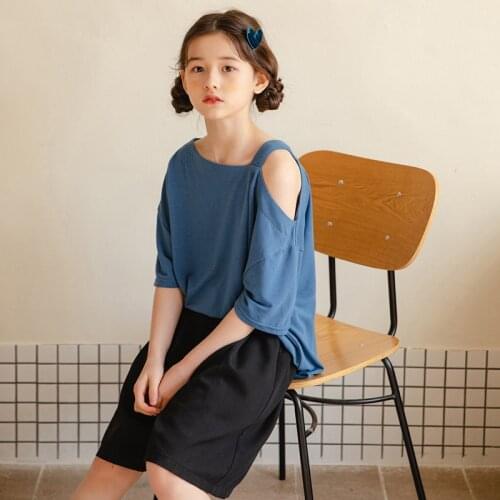 Girl Clothes Sets Summer Kids Blue Short Sleeve T-Shirt Tops and Black Shorts 2 Pcs Set Casual Childrens Clothing Suit 4-16Y