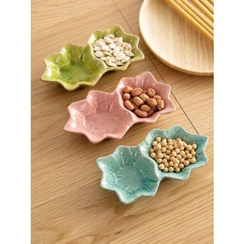 Creative Double Grid Leaf Ceramic Dish Japanese Tableware Vinegar Dish Soy Sauce Dish Small Plate