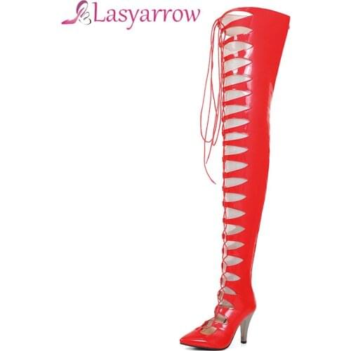 Lasyarrow Rome Style Ultra High Heels Fashion Hollow Out Over The Knee Boots Women Pointed Toe Lace-Up Platform Shoes Sandals