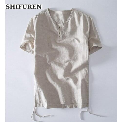 SHIFUREN Breathable Cotton Linen Shirts Men Shorts Sleeve Tops O-Neck Summer Causal Male Social Shirts Blouses Size M-XXXL
