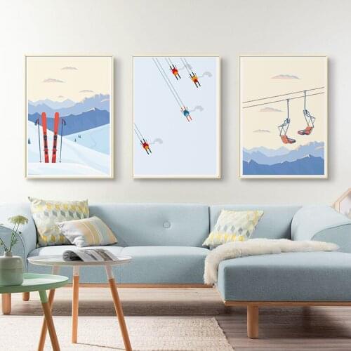Winter Ski Lift Mountain Poster Nordic Wall Art Print Canvas Painting Snow Scenery Picture Gift for Living Room Home Decoration