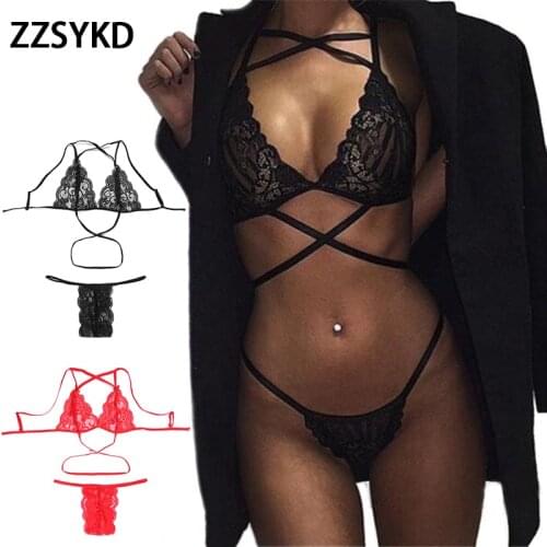 2020 New Sexy Bra Set Women Lace Deep V Erotic Hollow Underwear Set Sexy Cross Straps Transparent Bra Solid Color Lingerie Set