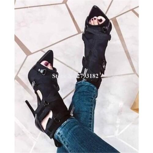 New Brand Design Pointed Open Toe Suede Leather Stiletto Heel Short Gladiator Boots Cut-out Buckles High Heel Ankle Booties