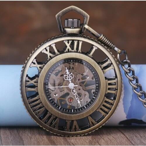 5pcs New Unique Hand Winding Mechanical Pocket Watch Chain Fashion Bronze Skeleton Carving Men Watches Christmas Gift
