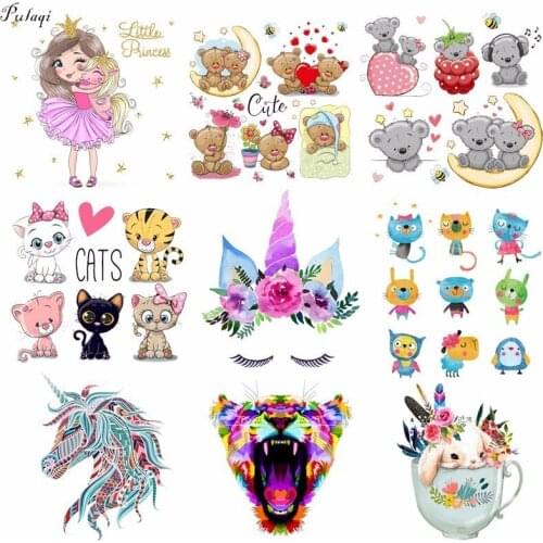 Pulaqi Cute Unicorn Patches Iron On Transfers Cute Bear Animal Heat Thermal Transfer For Women Kid Clothes DIY Decoration F