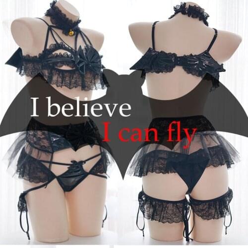 Sexy Lace Bat Lingerie Black Little Demon Mesh Women Devil Cosplay Halloween Costumes Bandage Set Lolita Anime Bikini with Wings