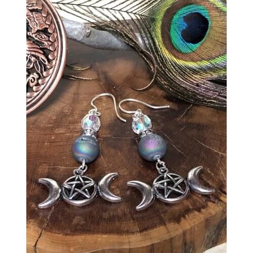 Triple Moon Pentagram Earrings - Pagan Jewelry, Triple Goddess, Wicca, Heathen, Elemental, Full Moon, Moon Jewelry, Moon Earring