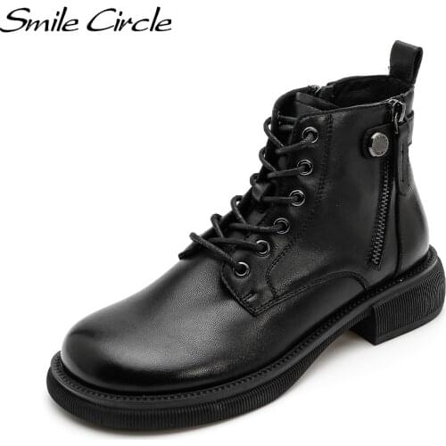 Smile Circle Sheepskin Ankle Boots women 2021 Autumn Motorcycle Boots Fashion Round toe Comfortable Boots Ladies Shoes