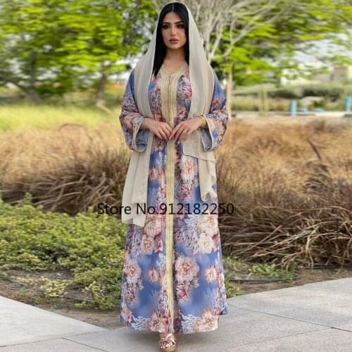 Middle East Muslim Hijab Dress for Women 2021 Modest Blue Floral Dubai Turkey Arabic Oman Kuwait Moroccan Kaftan Abaya