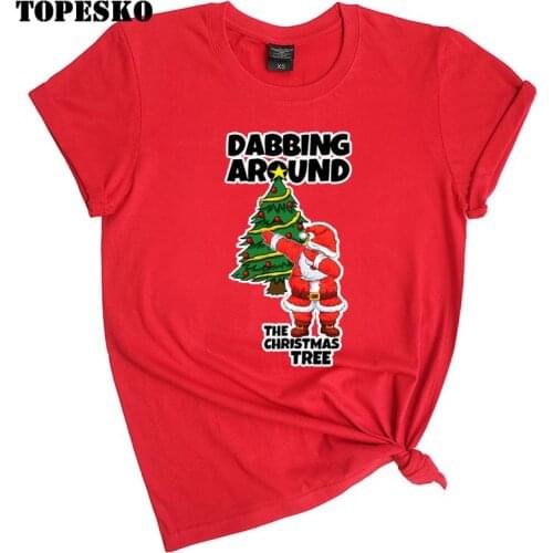 TOPESKO Women 100% Cotton T Shirt Dabbing Santa Claus Printed Short Sleeve T-shirt Men Causal Christmas Clothes Gift