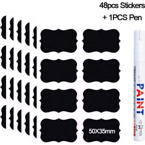 48Pcs/Set Waterproof Chalkboard Kitchen Spice Label Stickers Home Jam Jar Bottle Tags Blackboard Labels Stickers With Marker Pen