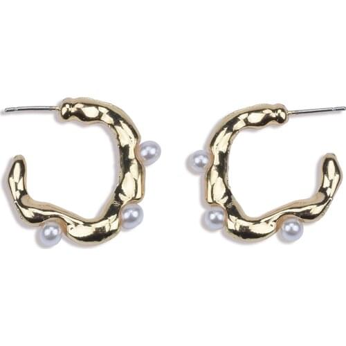 Fashion Irregular Inlay Pearl C Shape Earrings Women Creative Hollow Half Round Earring Jewelry Female Statement Retro Earrings