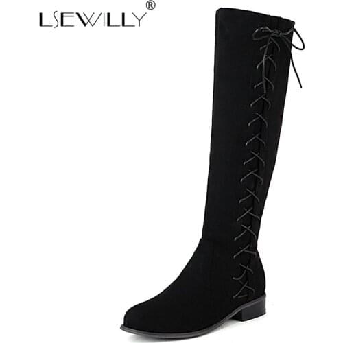 Lsewilly 2021 Flock Side Cross-tied Round Toe Chunky Low Heels Knee High Womens Boots Small Size 33 47 48 Woman Winter Shoes