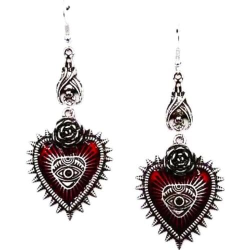 Punk Rock Bat Vintage Silver Lolita Gothic Evil Eye Red Heart Drop Earrings for Women Halloween Cosplay Jewelry