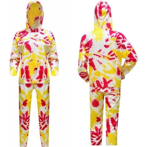 Women Casual Long Sleeve Tie Dye Print Pullover Drawstring Tops Hoodie Pants