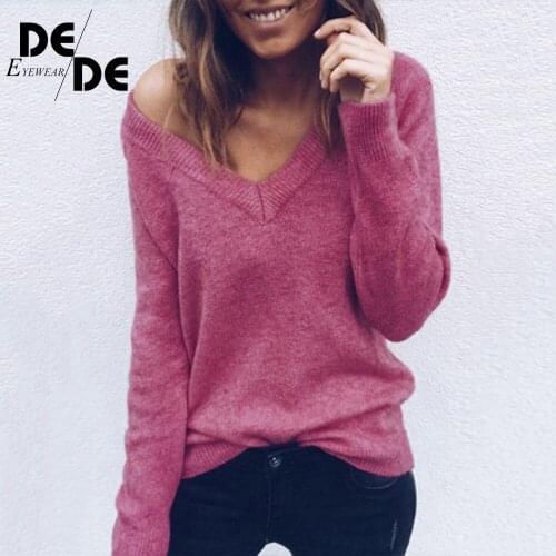 Knitted Sweater Women Solid Color Loose V Neck Loose Sweater Fashion Casual Outwear Loose Tops