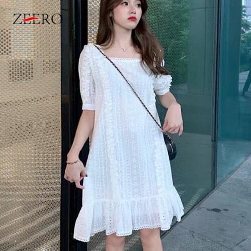 Summer Korean Women Square Neck Emboridery Lace Hollow Out Mini Dress Elegant Female Casual White Loose Ruffles Party Dresses
