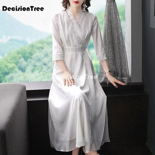2021 chinese traditional dress women festival clothing v neck cheongsams party solid mesh lace qipao long chinese hanfu dress