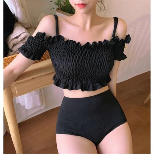 Ruffle Bikini Women Solid Swimwear Push Up Swimsuit Pleated Biquini Sexy Off Shoulder Bikinis Pad Bathing Suit Black Beachwear
