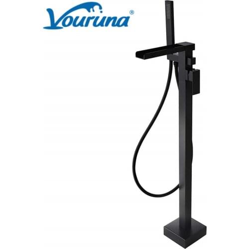 VOURUNA Square Style Matte Black Waterfall Floorstanding Bath Filler Tap Cascade Brushed Golden Free Mounted Bathtub Faucets
