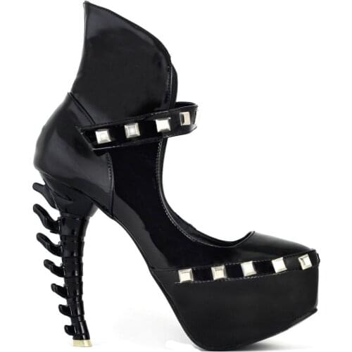 LF80616 Black/Silver Stud Ankle Strap Platform Bone Heel Club Pumps