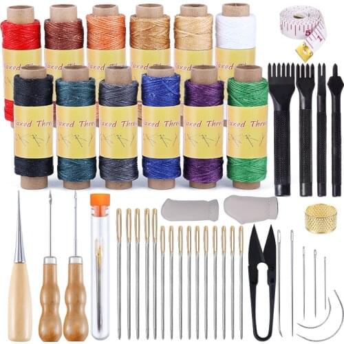 LMDZ 46Pcs Leather Sewing Repair Kit Sewing Stitching Awl Punch with 12 Color Waxed Thread for Leather Craft DIY Sewing Supplies