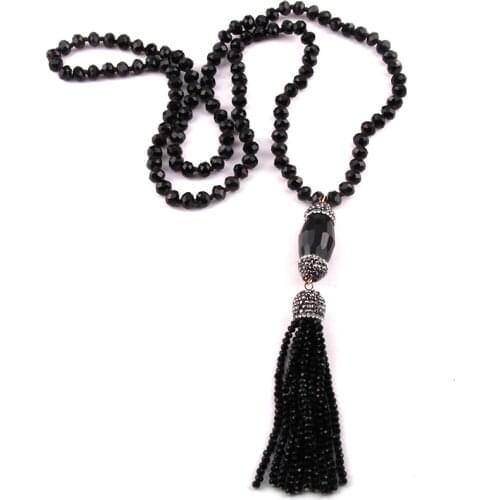 Fashion Bohemian Jewelry Crystal Glass Knotted Handmake Paved Crystal Tubes Tassel Long Necklace
