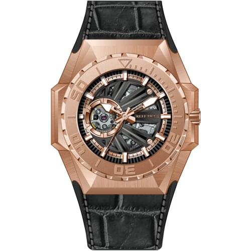 Reef Tiger Men Automatic Watch, Mens Watches 100M Waterproof Mechanical Wristwatch Sekelton Luminous Sapphire Mirror Hollow Out