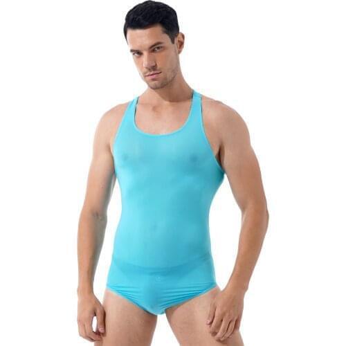 Mens Lingerie Wrestling Singlet Stretchy Bodysuit Swimsuit Male Bodybuilding Jumpsuits Round Neck Sleeveless Sports Fitness