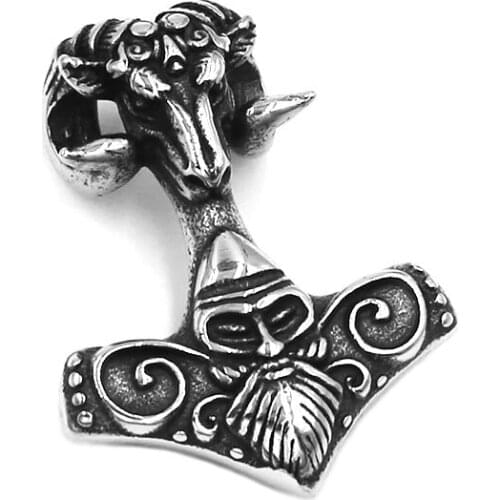 Myth Thor Hammer Norse Viking Runes Pendant Stainless Steel Jewelry Axe Odin Amulet Animal Goat Biker Men Pendant SWP0539